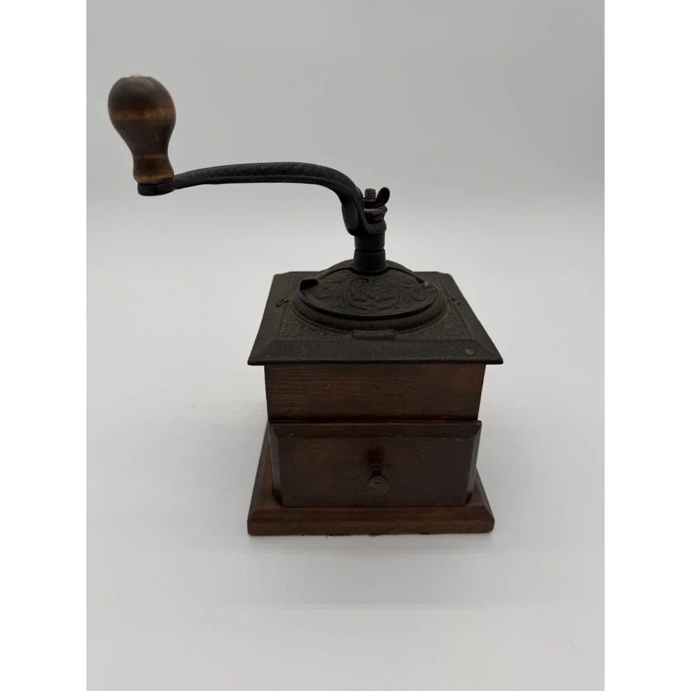 Vintage Hand Crank Cast Iron And Wood Coffee Grinder W/ Drawer 1920 To 1940s